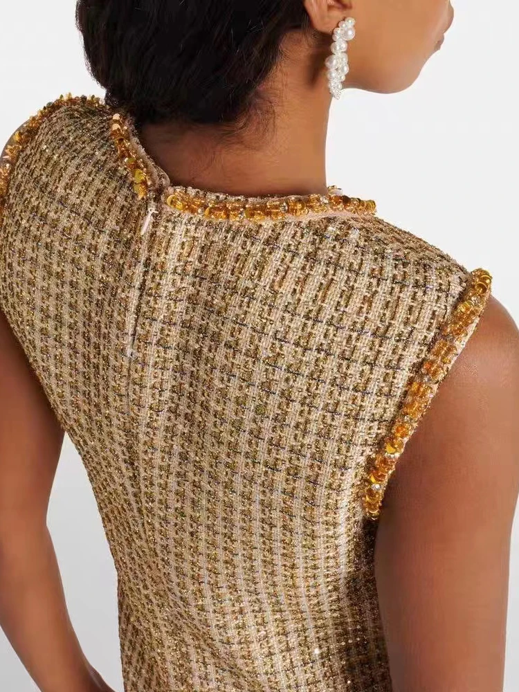 Summer New Fashion Diamond and Pearl Decoration Dress Women elegant Tweed O-neck Sleeveless Sequin A-Line Robe  Ladies 2024