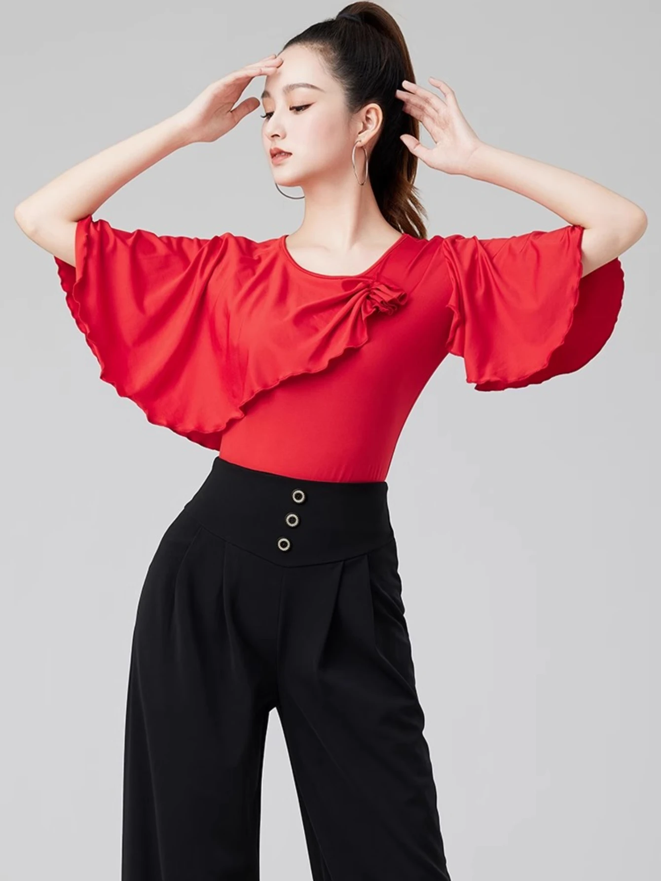 Korte mouwen danskleding top rood nieuwe latin dans tops danspak dames boven en onderkant moderne lijn dameskleding podiumkleding