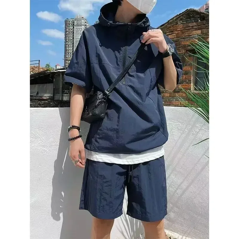 2Pcs Men Summer Tracksuit Shorts Set Hooded T Shirt Zipped + Matching Shorts Solid Cargo Large Size Casual Suit 4XL Male Clothes