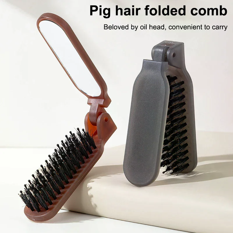 

1Pcs Mane Bristle Hair Brush Foldable Portable Comb With Mirror Pocket Collapsible Travel Massage Hair Styling Tool Salon Gift