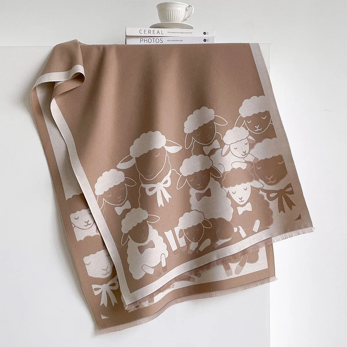 Ladies Soft Cute Cartoon Sheep Faux Cashmere Scarf Long Reversible Two-Sided Neck Wrap Warm Shawl For All Kinds Of Outerwear