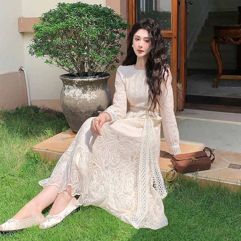 Autumn French Crochet Lace Prom Party Dress Women's O Neck Long Sleeve Embroidery Flower Hollow Out A-Line Long Robe Elegant