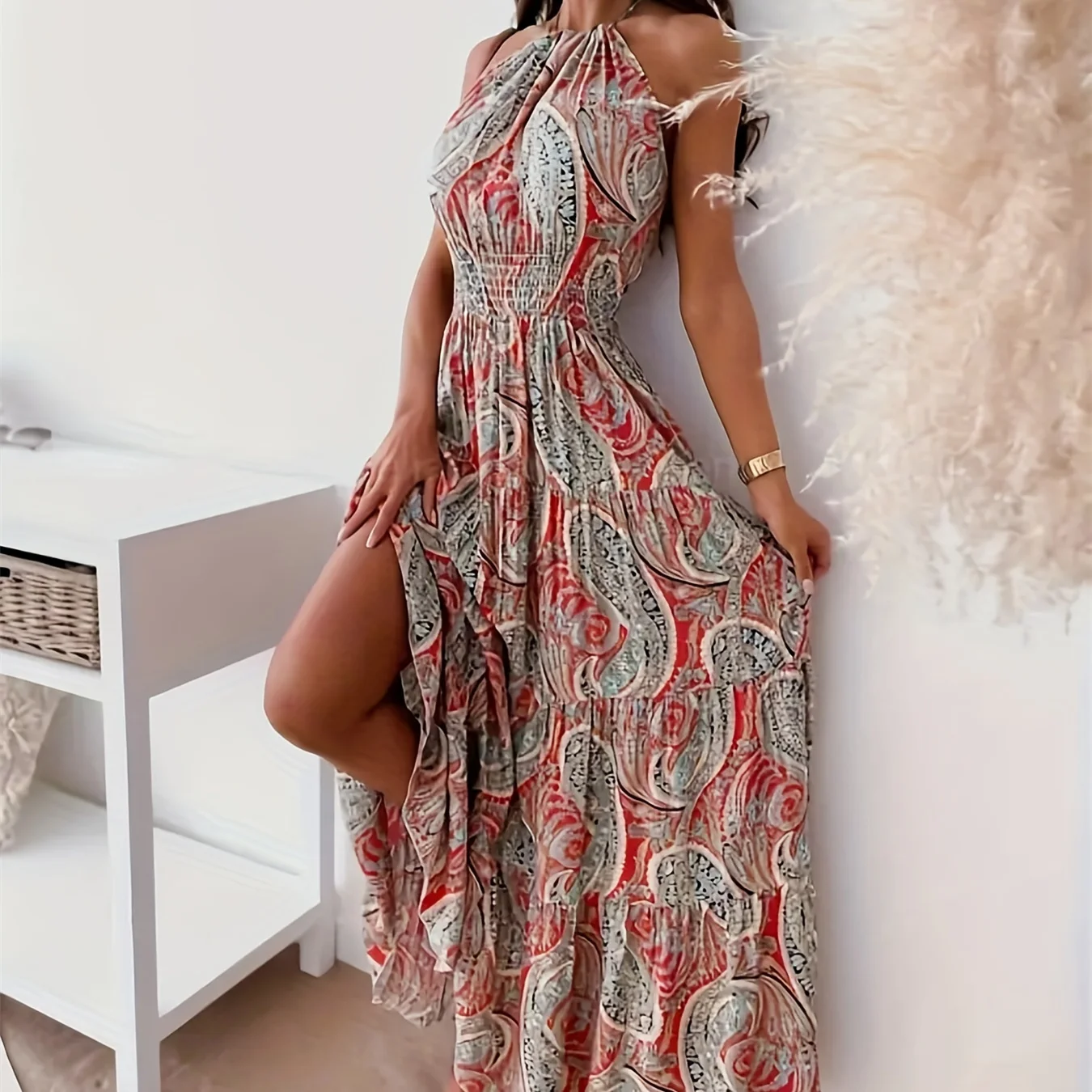 Abiti femminili di colore a contrasto Elegante allentato Estate 2024 Beach Abito lungo da donna a vita alta senza maniche Nuova moda Lunghezza midi