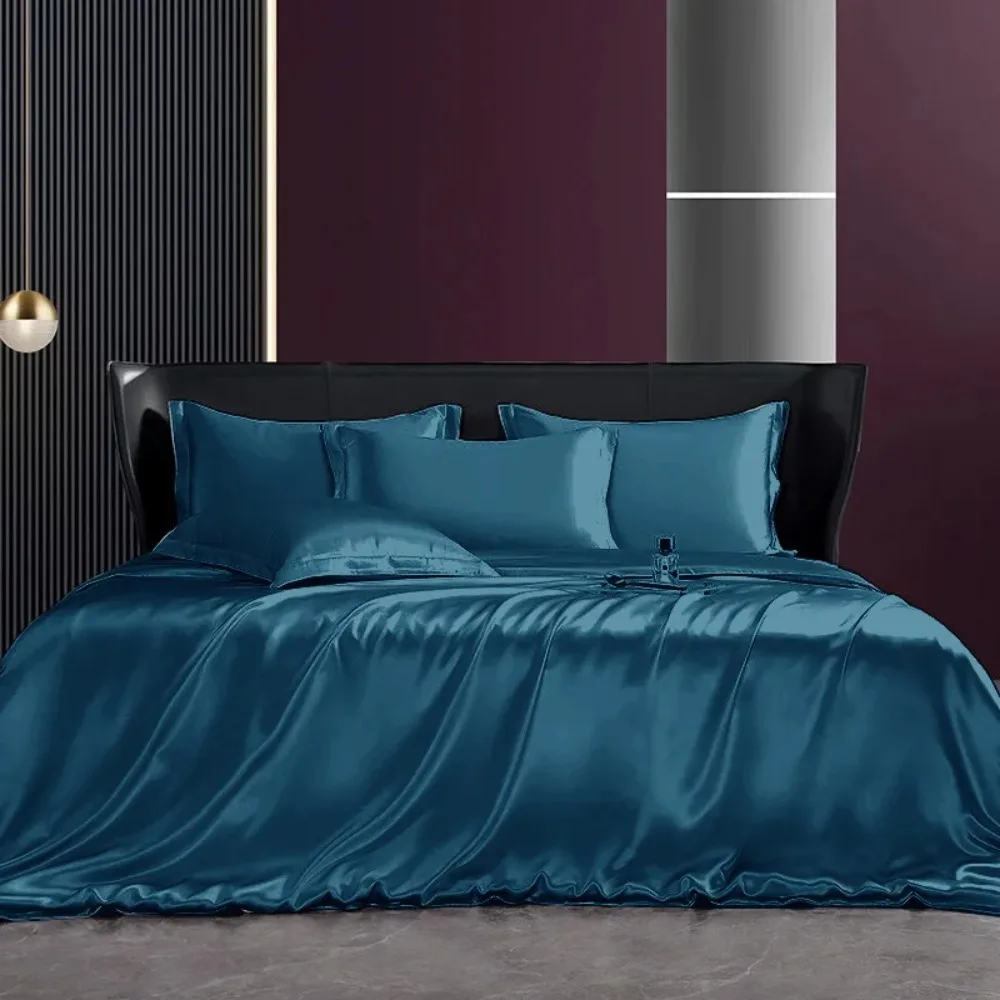 Solid Silk Bedding Set with Duvet Cover Fitted/Flat Bed Sheet Pillowcase Bedspreads and Coverlets  Single Double Bedsheet