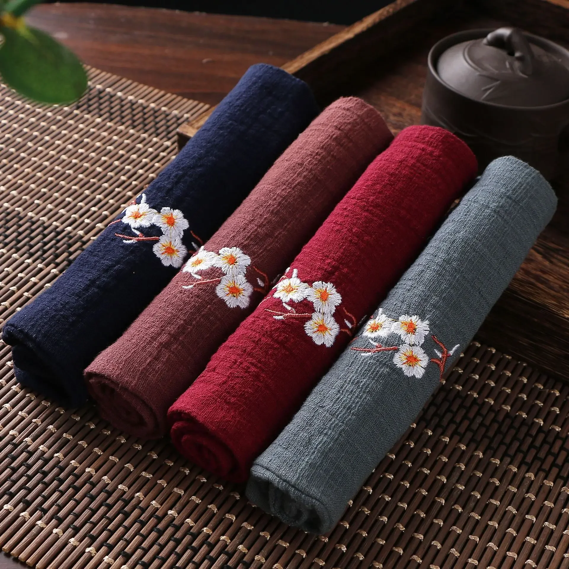 Cotton Linen Chinese Style Zen Tea Towel Absorbent Thickened Rag Flower Embroidery Tea Towel Tea Coaster Accessories