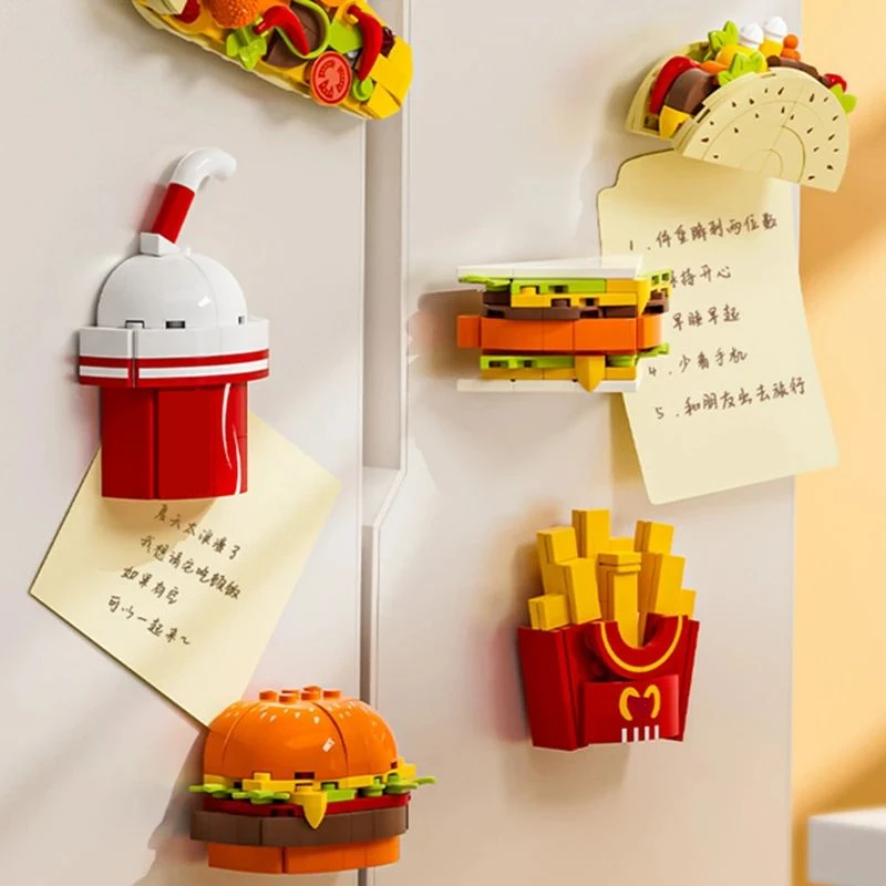 DIY MOC Refrigerator Magnet Sticker French Fries Hamburg Sandwich Taco Pizza Building Blocks Model Bricks Kids Sets Kits Toys