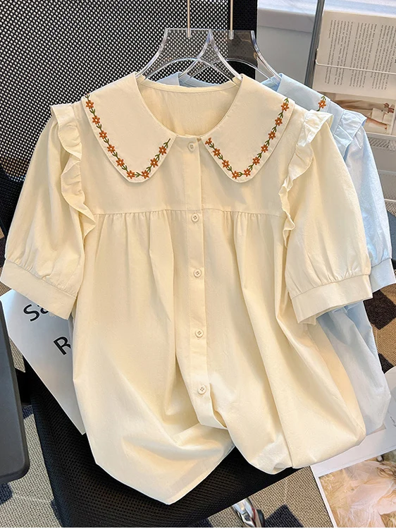 

Sweet Doll Collar Embroidered irt Women's Sle College Trend Fren Retro Anti-Aging ort Sve Loose Fit Pure Color