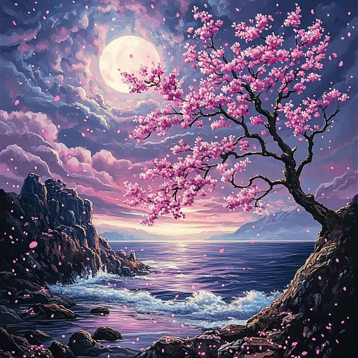 Jigsaw Puzzle 500/1000 Pieces Moonlit Coast Cherry Blossom Puzzles Adult Present Portable Box for Family Games Educational Toys