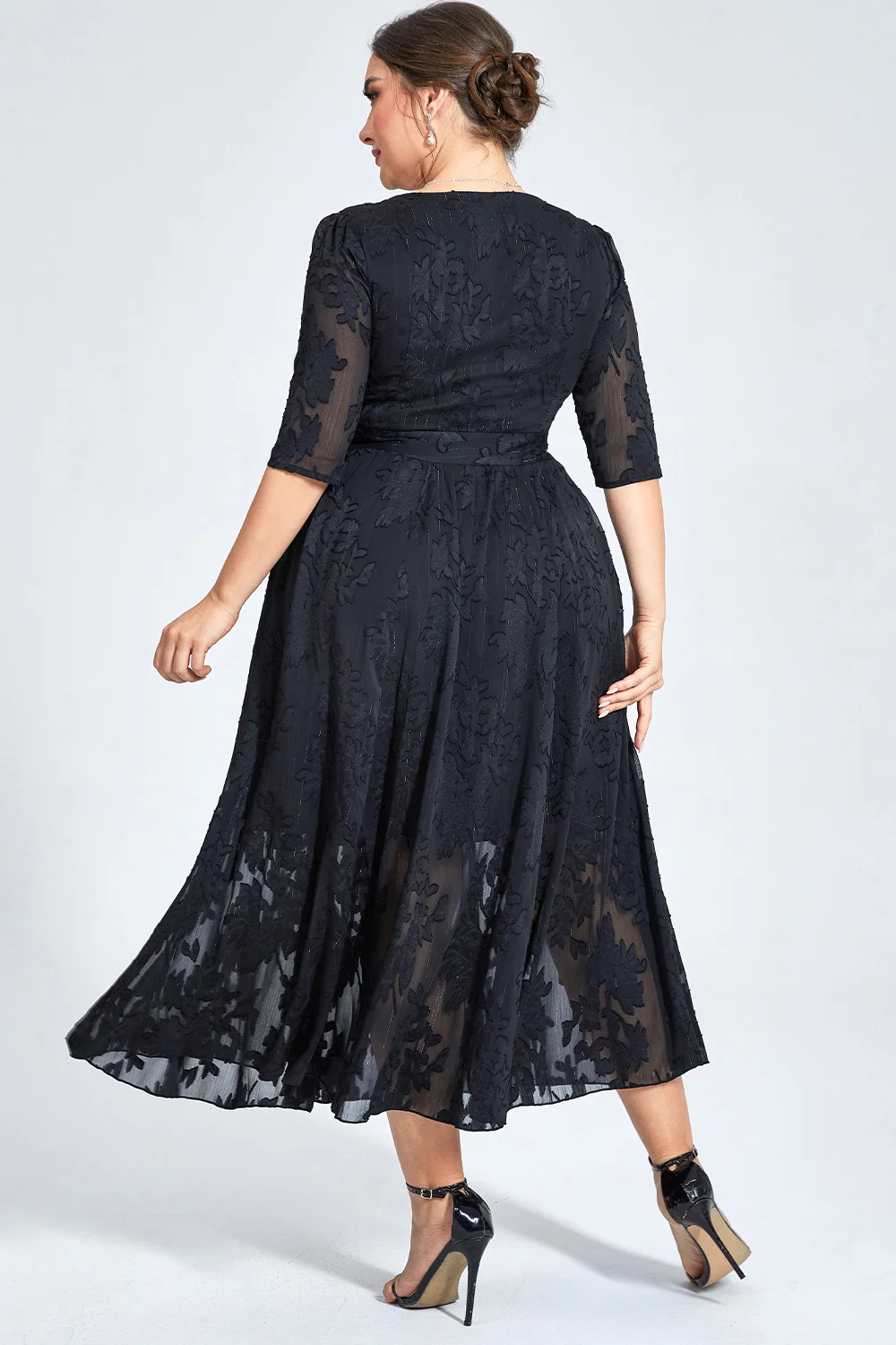 Women\'s Elegant Dress Plus Size Casual Black Mesh Flocking Jacquard Belt Double Hem Wedding Guest Half Sleeve Autumn Long Dress