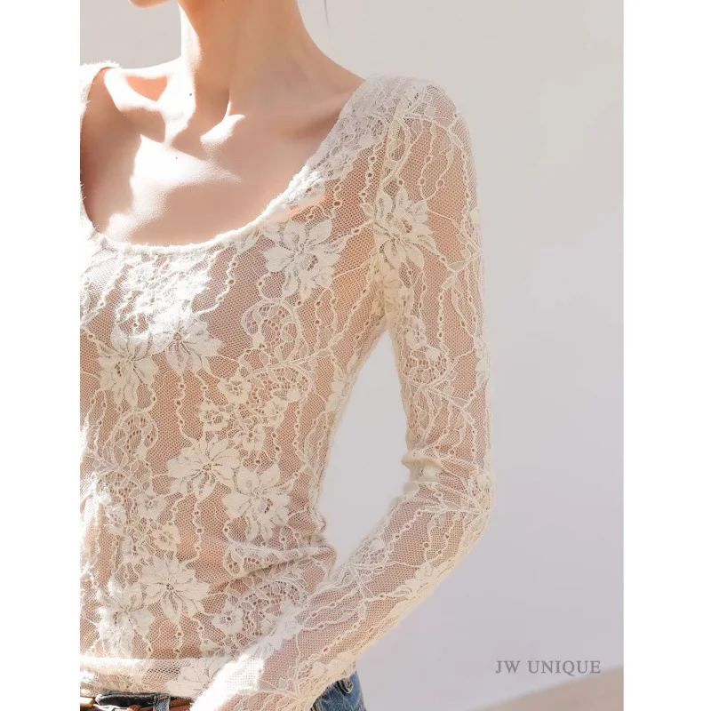2026 Summer Lace Double White U-Neck Slim Sleeve T-Shirt Women