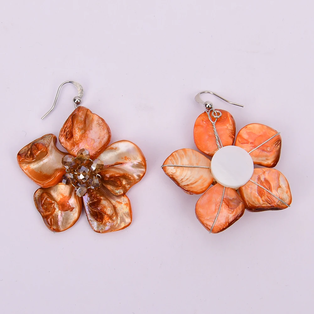 G-G Big Natural Orange Sea Shell Flower Crystal Dangle Hook Earrings Handmade Earring For Lady