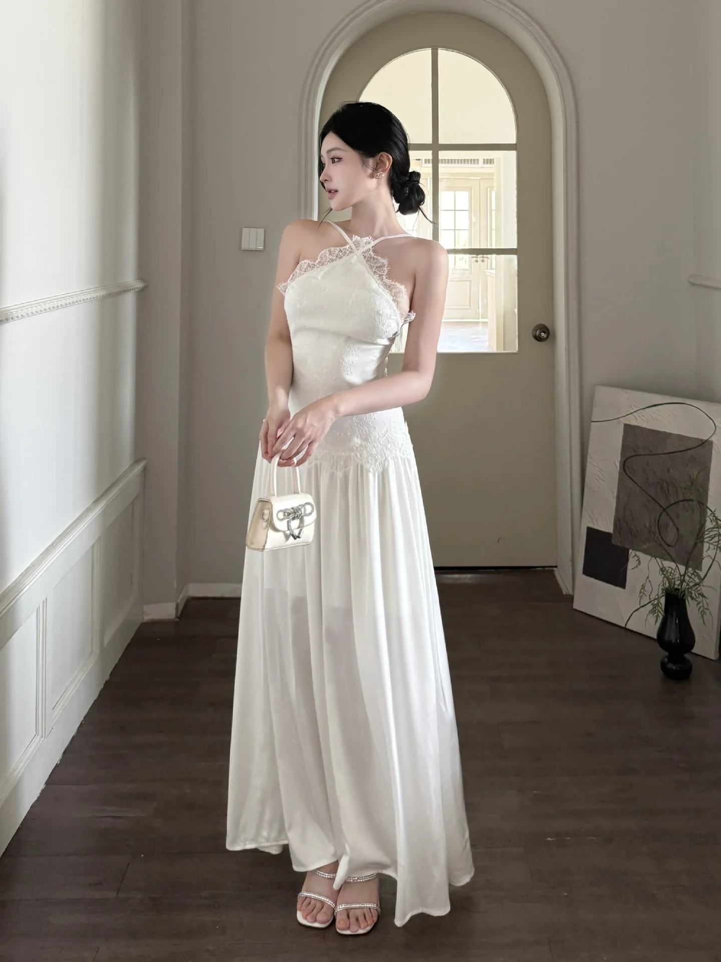 Ladies' Satin Backless White Midi Dress French Lace Spliced Appliqué Minimalist Slim-fitting Elegant Cocktail  Evening Gown Robe