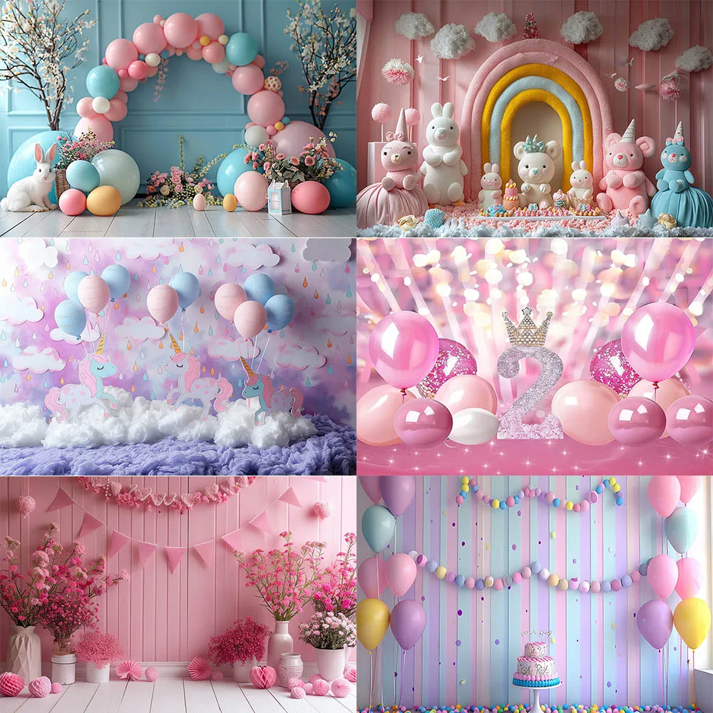 

Kids Birthday Photographic Background Girl Pink Balloons Floral Wall Princess Portrait Backdrop For Photo Studio Decor Banner