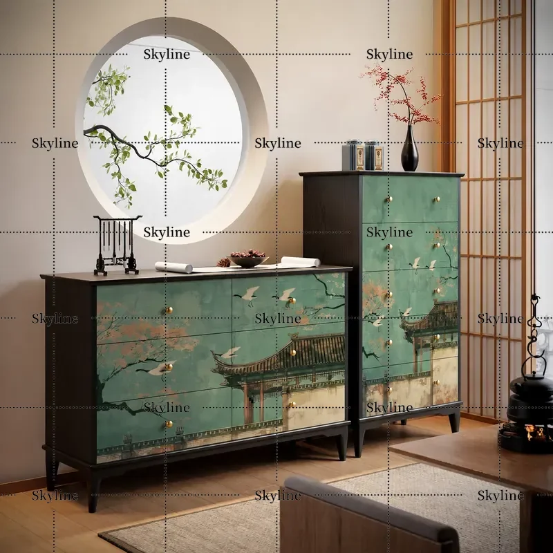 New Chinese Style 5-6 Drawer Chest Cabinet Solid Wood Living Room Storage Unit Wall Mounted Zen Song Aesthetic Door Design