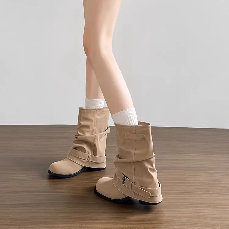 Botas vaqueras altas occidentales 2026, botines cortos de invierno con tacón grueso y efecto arrugado, estilo retro para mujer