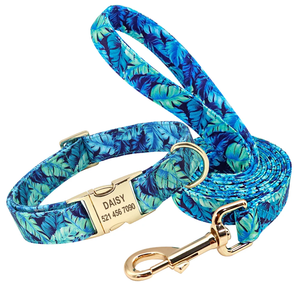 Personalized Floral Dog Collar And Leash Set Custom Small Medium Large Dog Pet ID Collar Lead Flower Print Dog Engraved Collars_voghion.com