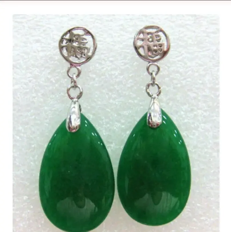 charm lady's green natural jade tear drop bless happiness earrings