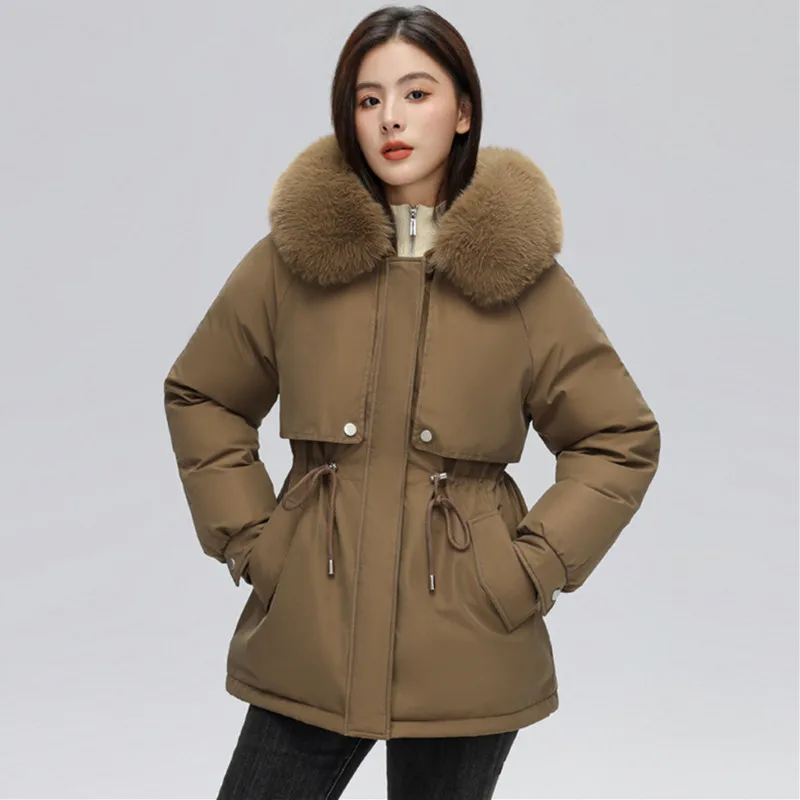 

Thicken Cotton Jacket Women's Mid Length New Fur Collar Winter Trench Coat Loose Plush Warm Outerwears Jackets Female Overcoat