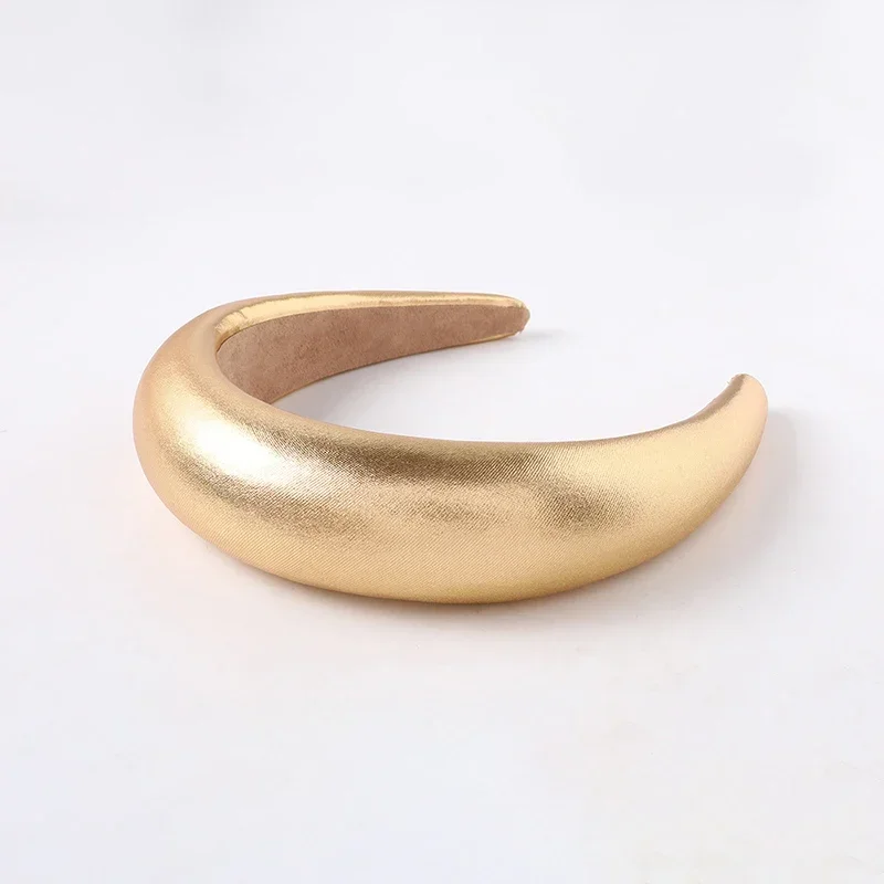 Luxury Women PU Padded Wide Headband Solid Sweet Gold Silver Color Lady Sponge Hair Hoop Vintage Party Stretchy Thick Headpiece