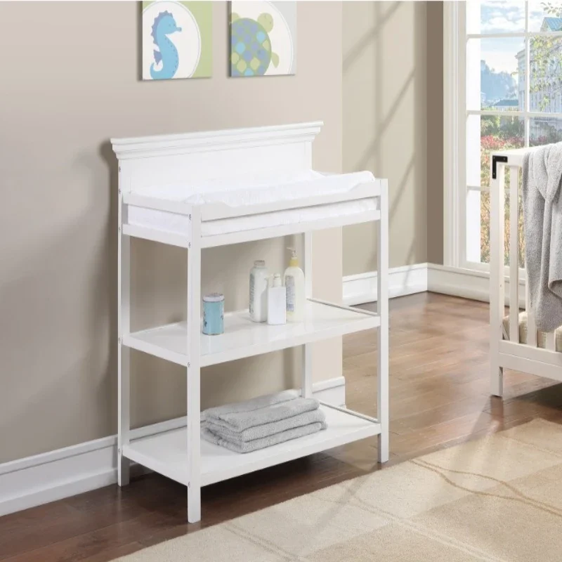 

White baby nursery changing table with storage shelves multi-tier diaper and supplies organizer