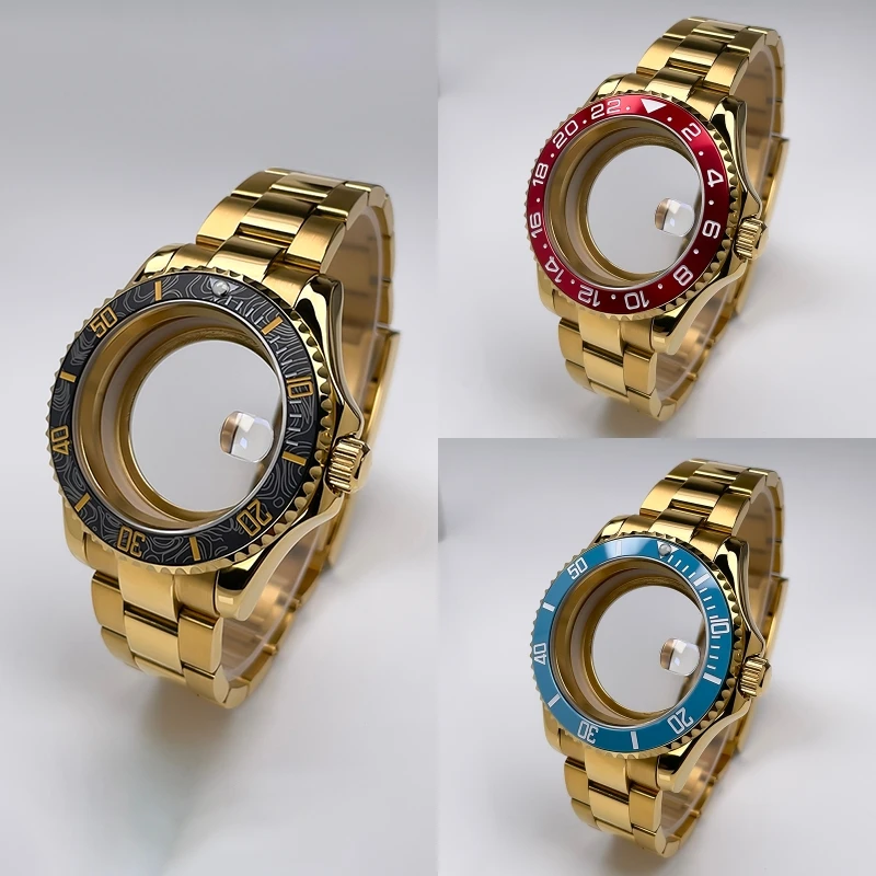 

NH35 Case 40mm Full Yellow Gold YM Design Two-Way Rotating Bezel Stainless Steel Sapphire Glass Fit NH35 Movement Watch Case