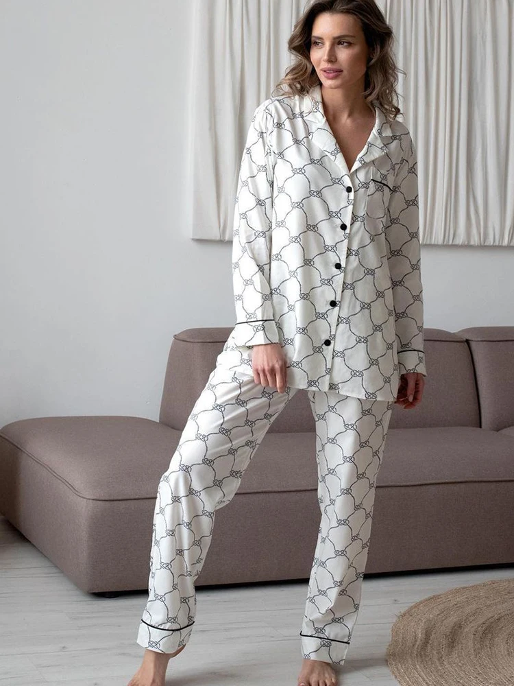 

Linad Loose Women's Home Clothes 2 Piece Sets Print Long Sleeve Sleepwear Female Casual Trouser Suits Autumn Fashion Pajamas