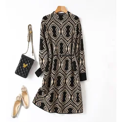 Women Jacquard Knitted Loose Dress Daily Casual Loose Vintage Fashion Belt Vestidos Winter Chic O-neck Sweater Dresses