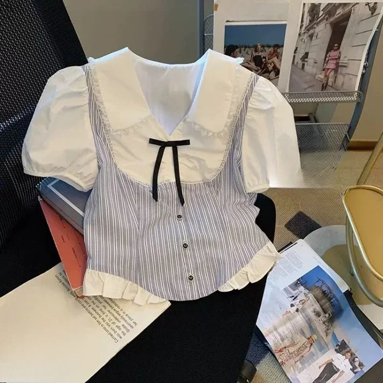 

Elegant Sweet Short Sleeve Blusas Mujer Striped Patchwork Bow Lapel Neck Blouses 2025 Summer New White Shirts Women