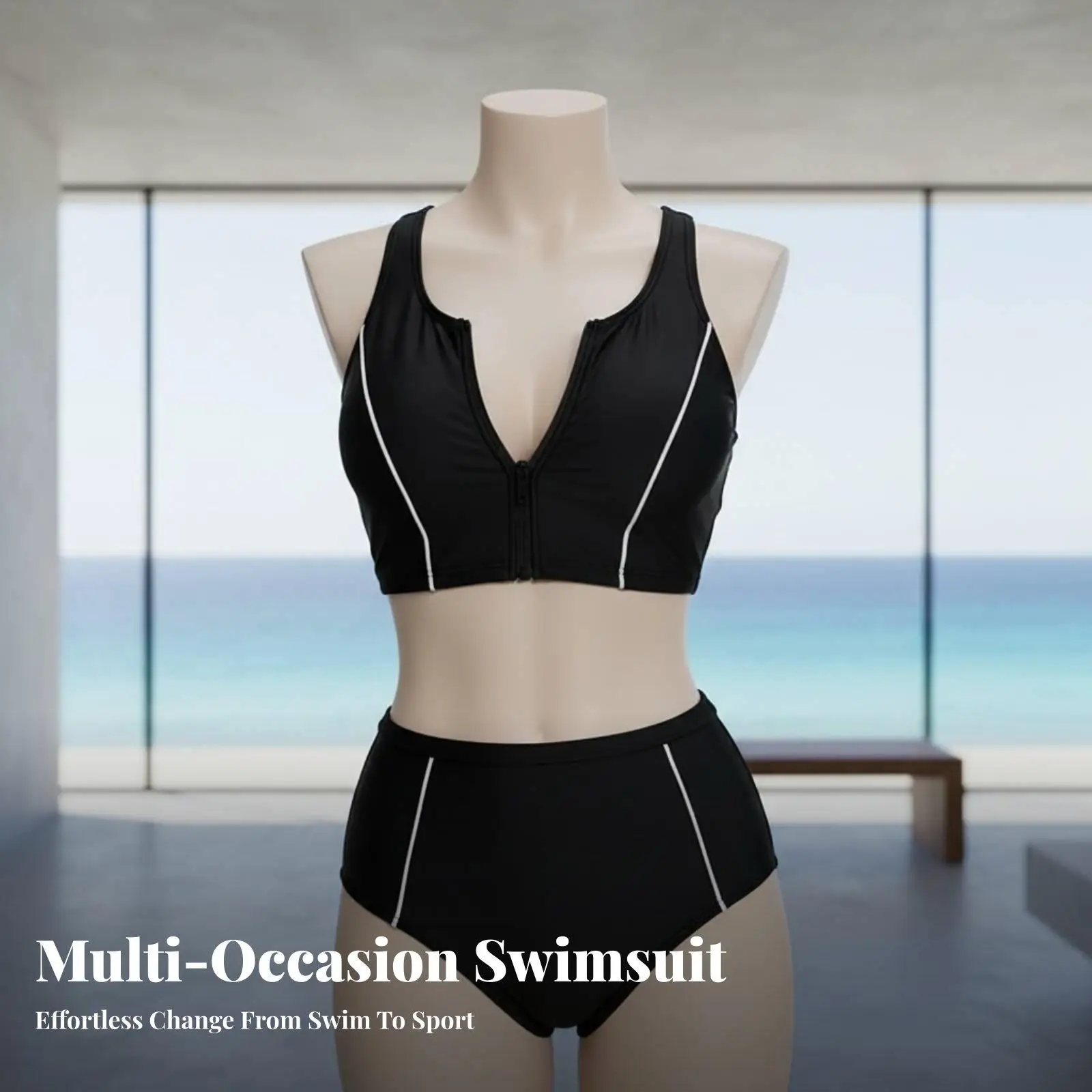 Sporty Two Piece Bikini Set for Women High Waist Push Up Swimsuit Black Racerback Front Zipper Quick Dry Beach Bathing Suit