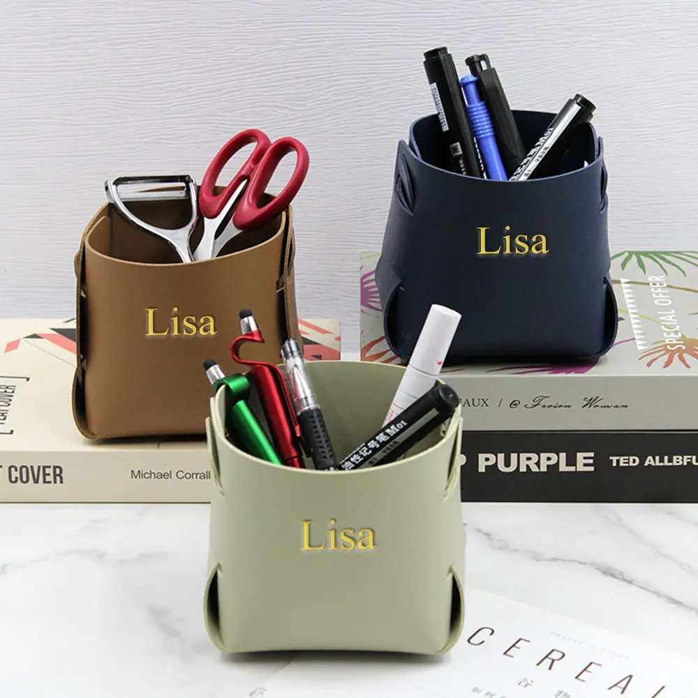 Customized Name Solid Color PU Leather Nordic Storage Tray, Key and Pen Holder Storage Box, Makeup Brush Storage Box