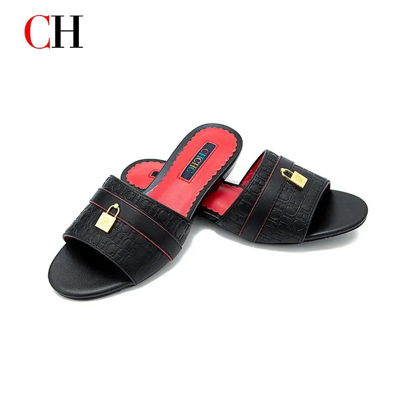 

CH Womens Metallic Embossed Sandals Gold Lock Decor Flat Sandals Luxury Slippers Casual Open Toe Slides Summer Fashion Footwear