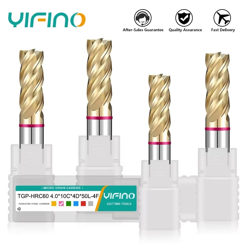 Yifino Tgp-hrc60 2-ring Tungsten Aço Carbide Revestimento Fundo Plano Fresa Cnc Mecânica Machin End Mill Ferramenta Rosa