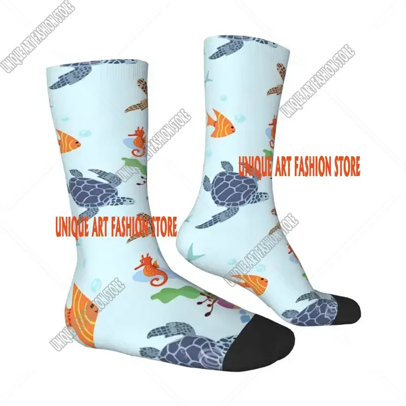 Ocean World Turtles Fish Seahorse Dress Sock for Men Women Male Breathable Warm Fashion Marine Life Crew Socks