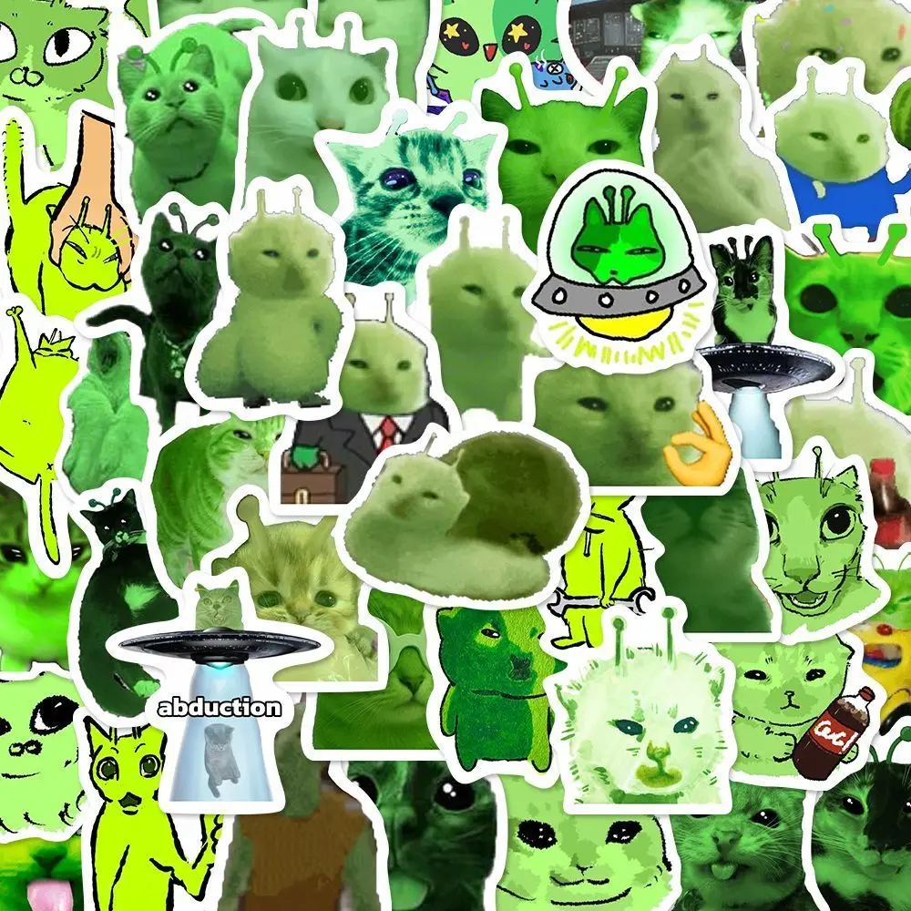 50/100pcs Funny Alien Cat Meme Stickers Green Alien Decals For Phone Laptop Suitcase Notebook Skateboard  Alien Cat Stickers