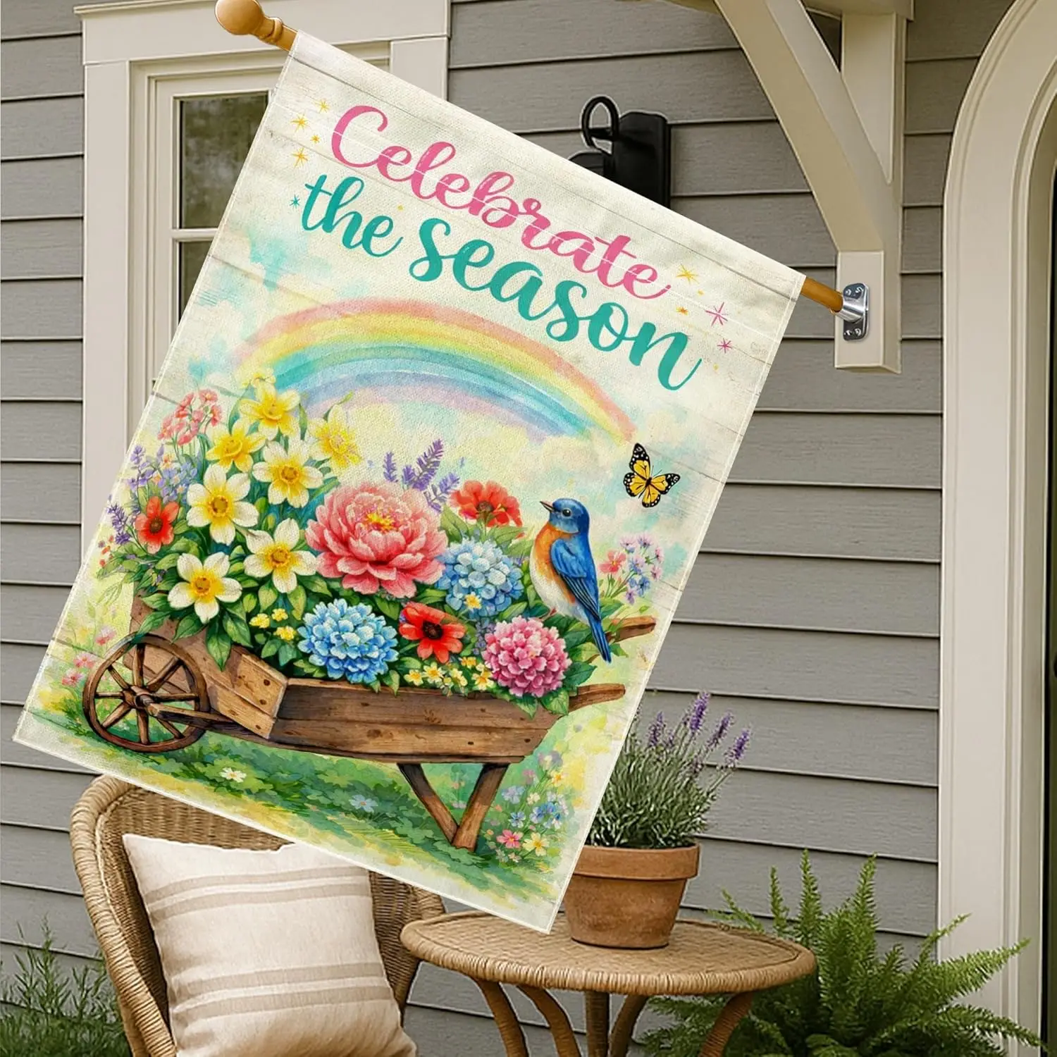 Flower House Flag, Spring Colorful Bird Rainbow Spring Multicolor Burlap Double Sided Outside Large Garden Flag for Outdoor  ZZM