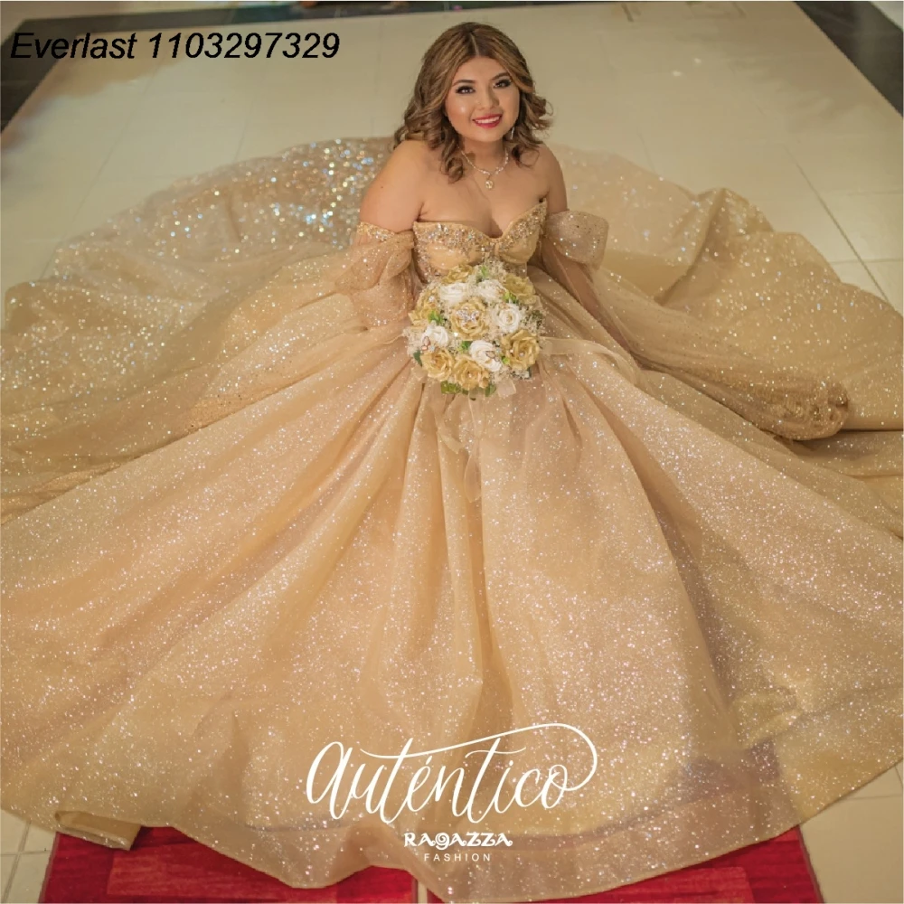 

EVLAST Mexican Shiny Champagne Quinceanera Dress Ball Gown Applique Beaded Diamonds Corset Sweet 16 Vestido De 15 Anos TQD908