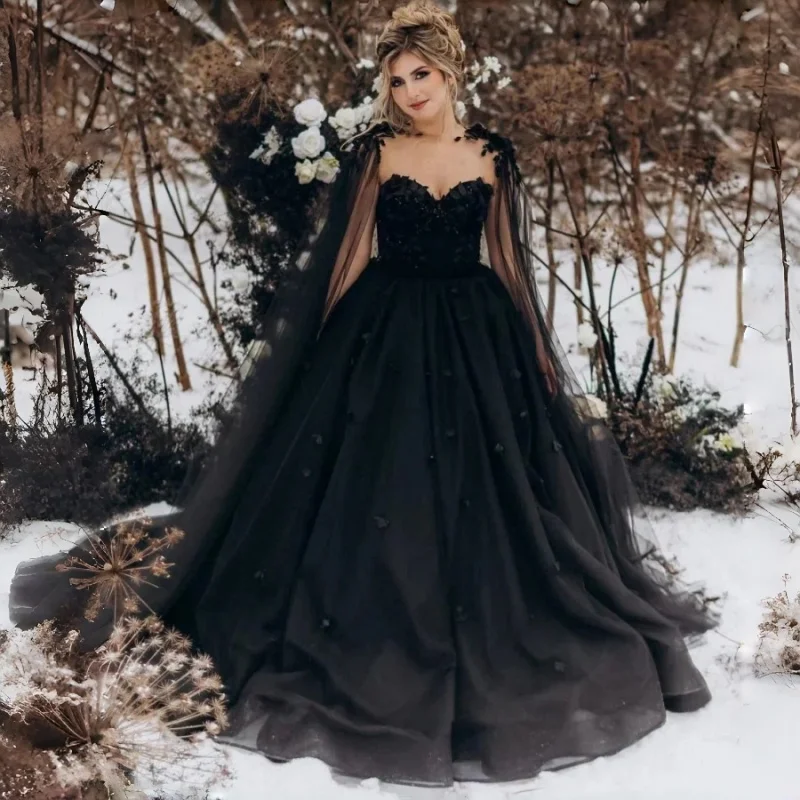 Dark Gothic Vintage Cape Ballgown Strapless Sweetheart Neck Floral Trim Sheer Cape 3D Black Flowers Satin Tulle Skirt Customized