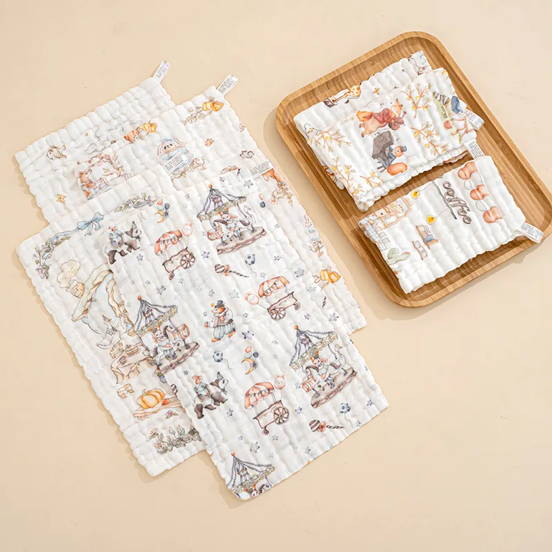 

1 Piece Wasoyoli Colorful Printed Burp Cloths 25*50CM With Hanging 100% Muslin Cotton 6 Layers Handkerchief Soft Towel