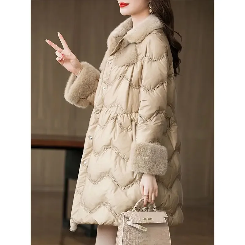 Mink Plush Collar Mid Length Women\'s Down Coat 2023 Winter New 90% White Duck Down Loose Coat Thickened Women Snow Wear Overcoat