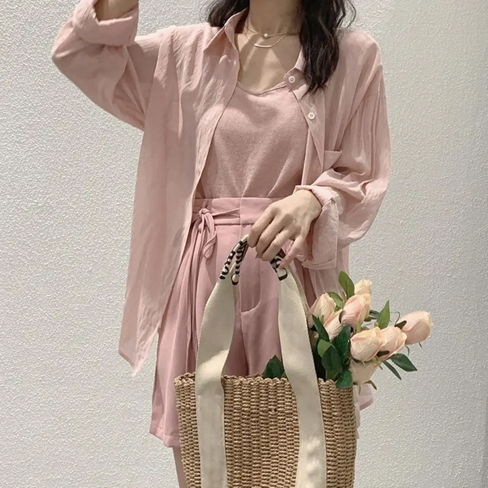 Conjunto de camisa de peito único feminino, tops de estilinete, lapela, manga comprida, bolso de remendo, monocromático, elegante