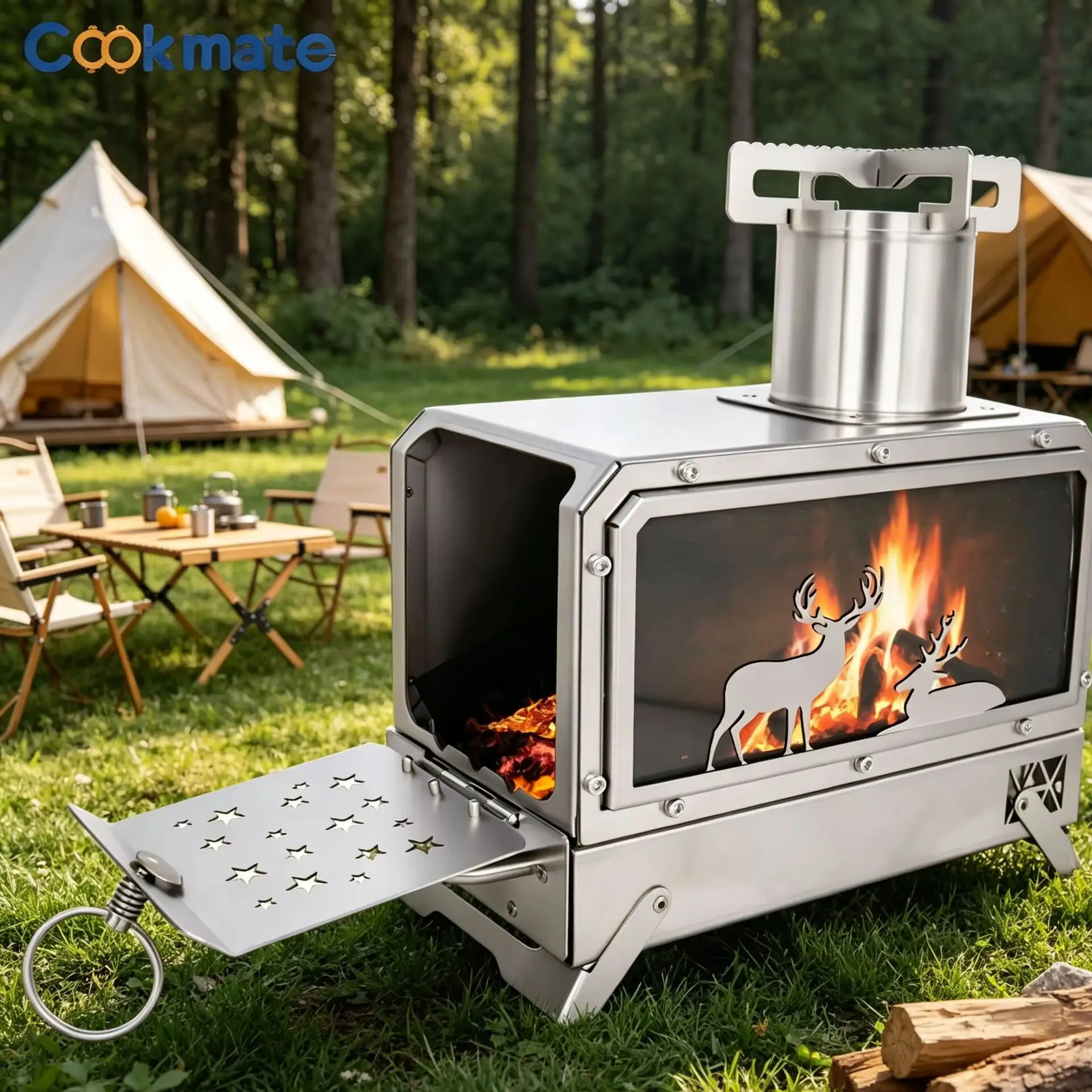 Stainless steel folding firewood stove | Deer viewing window heating+cooking dual-purpose camping stove for outdoor camping picnicking boiling water camping+cooking in one step - view 2