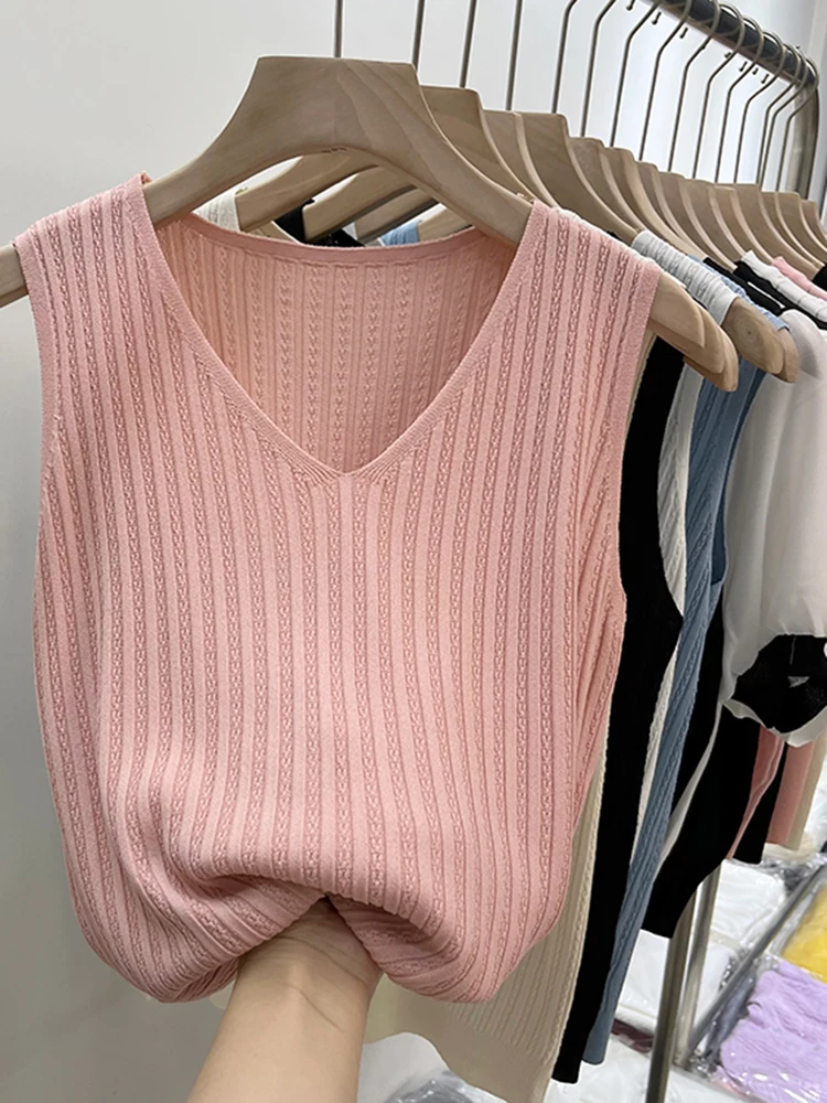 2024 Summer Versatile Knit Sleeveless Tops Women Basic Solid Tank Tops Casual V-neck Slim Thin Tees Female Tops Ice shreds Vest