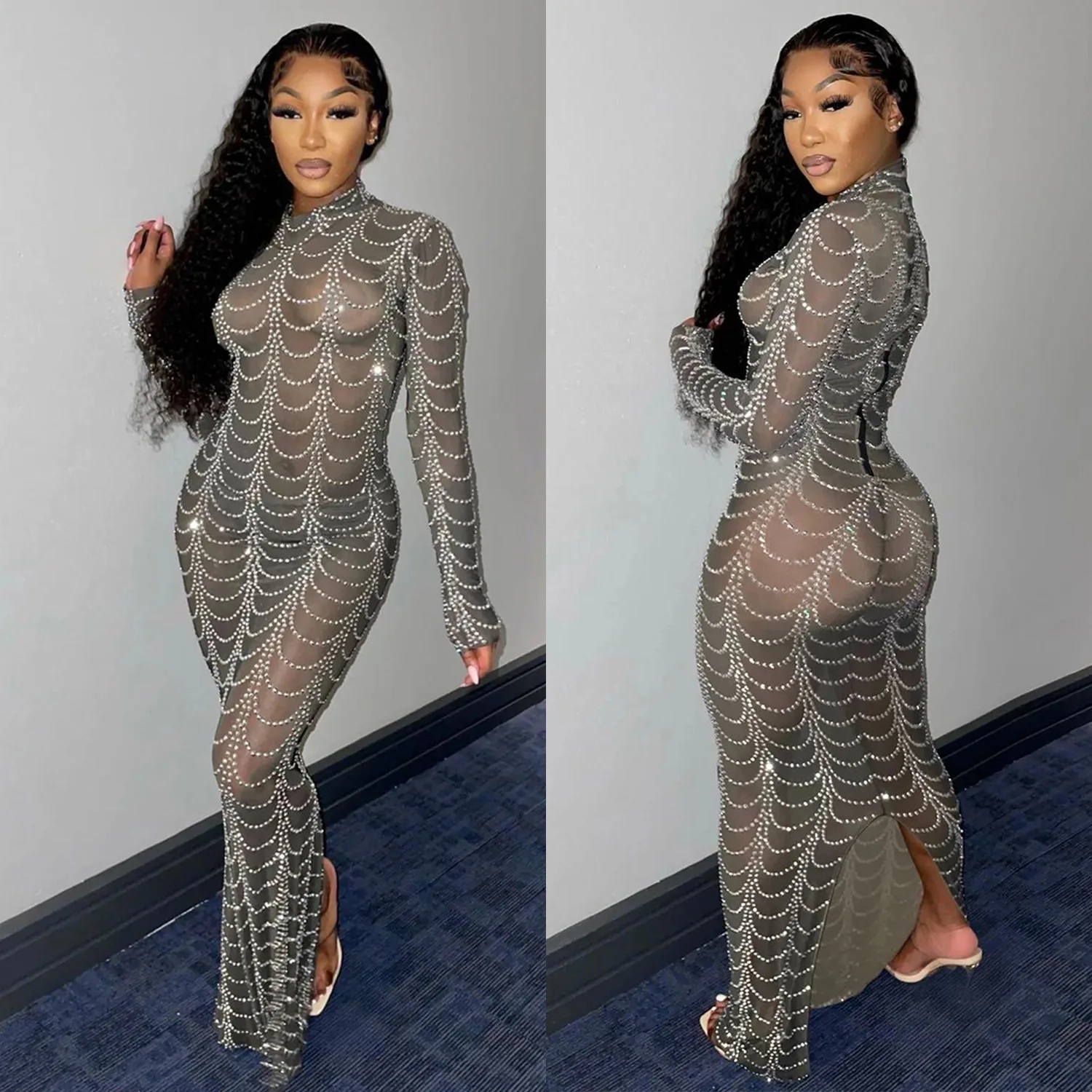 

Autumn and winter women's clothing sexy mesh perspective nightclub long-sleeved dress women's thin temperament high-end thin new