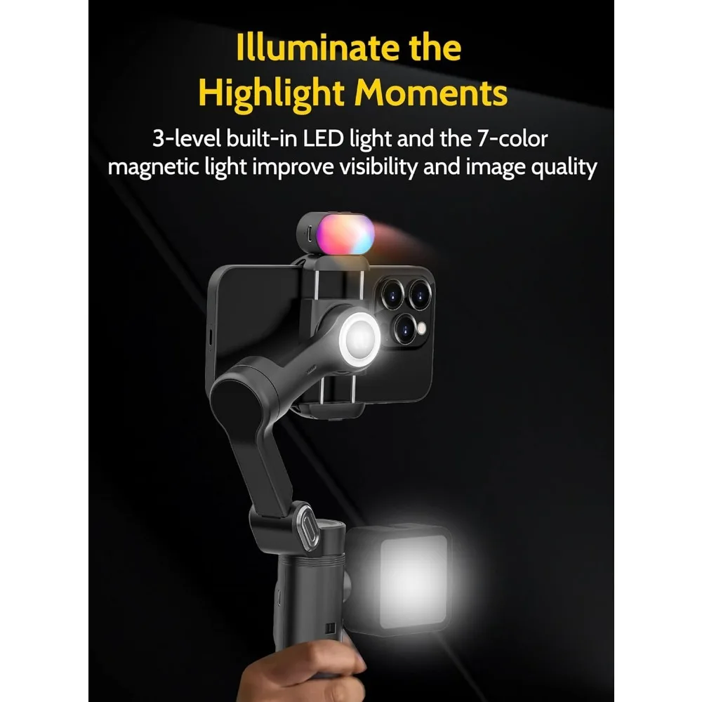 NEW-3-Axis Gimbal Stabilizer for iPhone وAndroid مع ضوء RGB، Gimbal للهاتف المحمول لتسجيل الفيديو مع AI