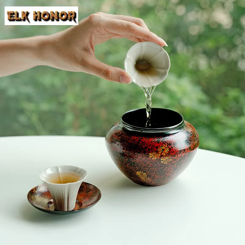 550ml Exquisite Red Gold Rust Painted Lacquer Old Iron Jianshui Mini Tea Cup Wash Tea Residue Barrel Chaxi Teaset Accessories