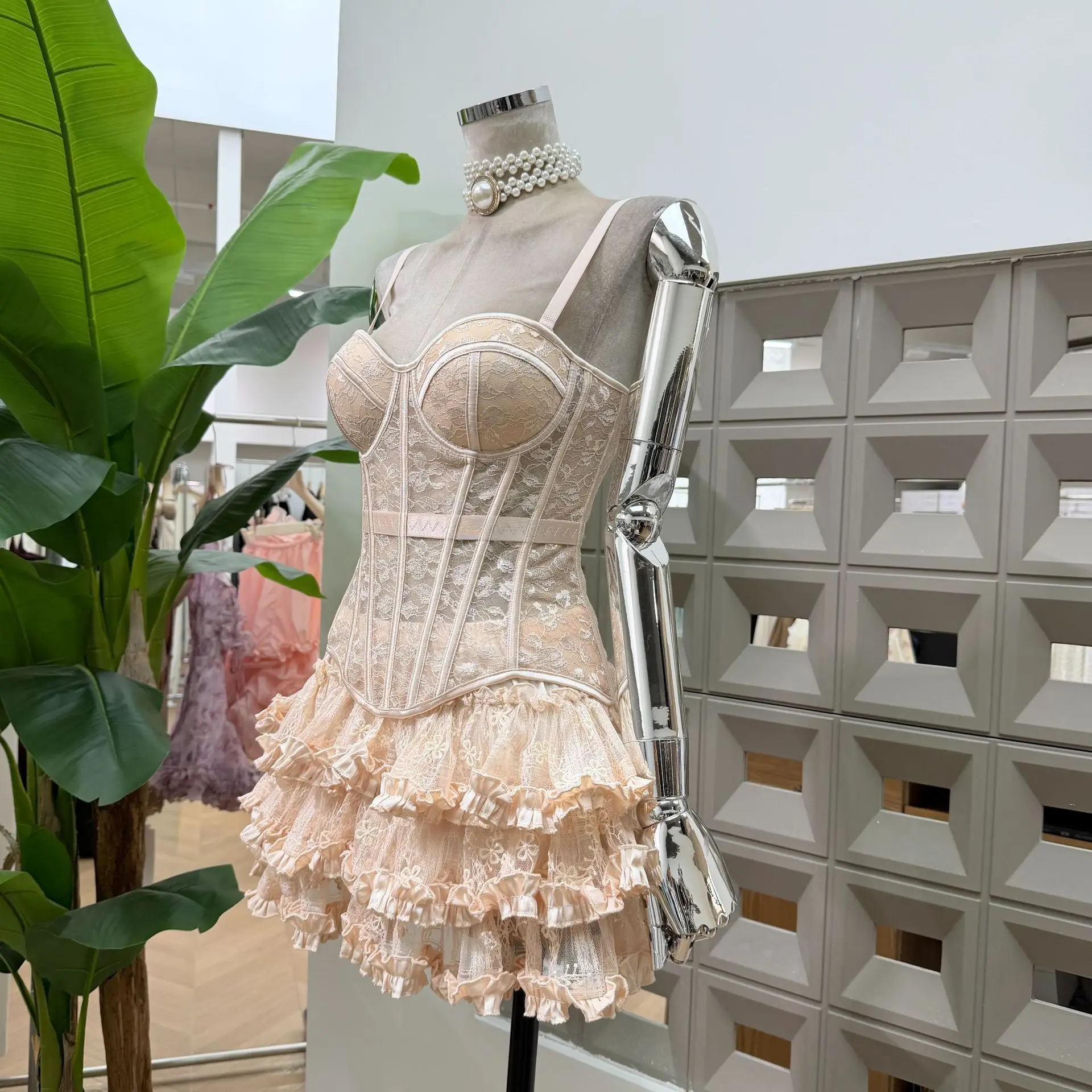 Women's Matching Sets Lace 2 Piece Corset Bustier Top Tiered Ruffle Tulle Mini Skirt Streetwear Party Club Outfit y2k Clothes