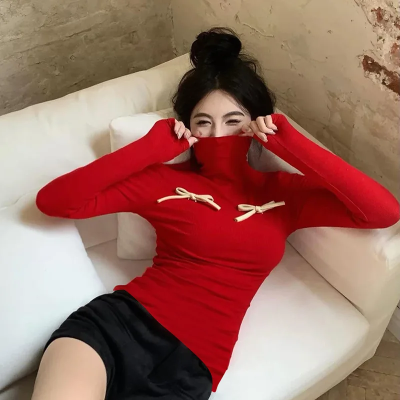 

Однотонная Водолазка с длинным рукавом и бантом, Женская однотонная приталенная одежда, Женский Повседневный пуловер на весну и осень, футболки, женская одежда Y2k