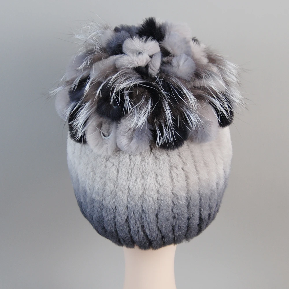 Natuurlijke Bont Hoeden Voor Vrouwen Winter Real Rex Konijn Hoed Vossenbont Breien Vrouwelijke Warme Sneeuw Caps Dames Elegante Prinses Mutsen Cap