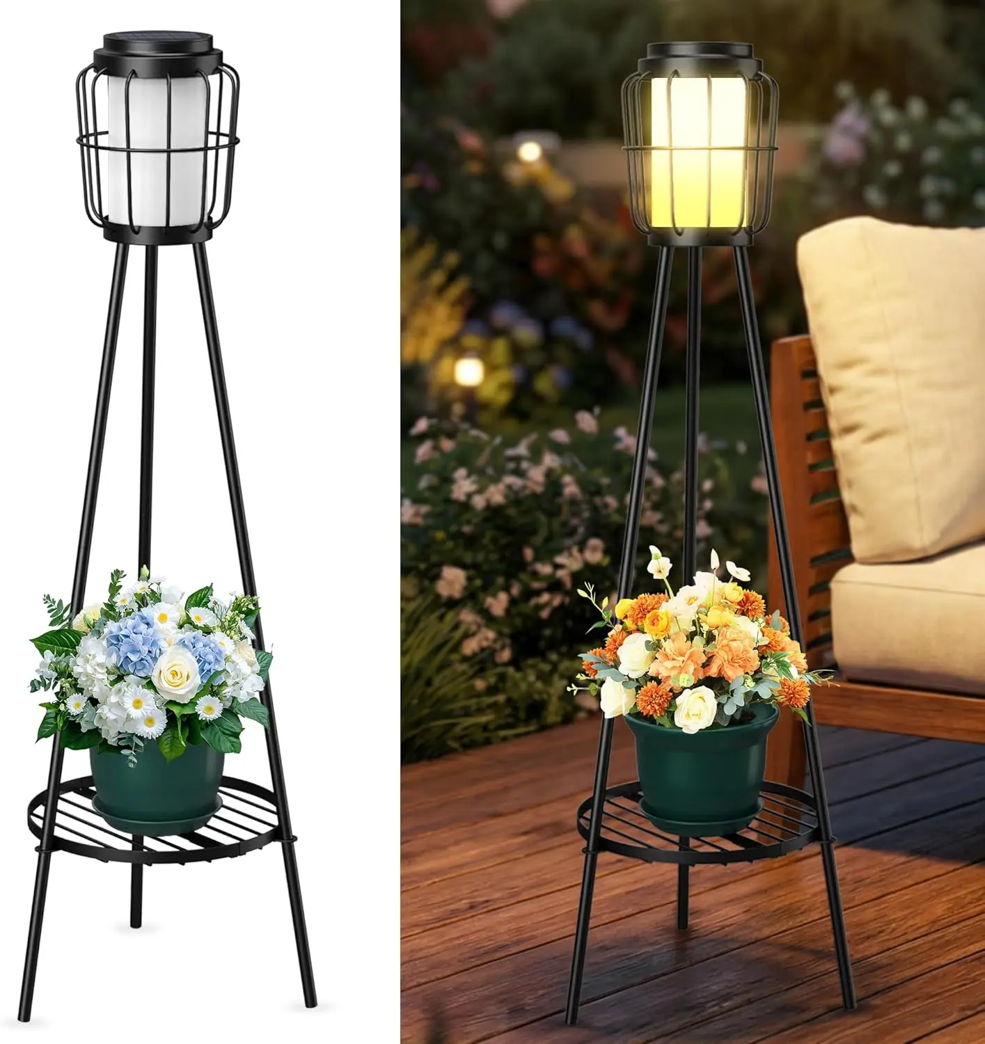 

Солнечные светильники 2-в-1 с подставкой для растений, водонепроницаемая уличная лампа и металлическое кашпо для декора патио и сада