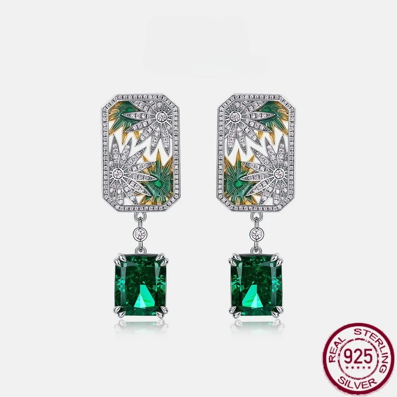 

New S925 pure silver geometric emerald high carbon diamond color treasure light luxury earrings versatile wedding jewelry